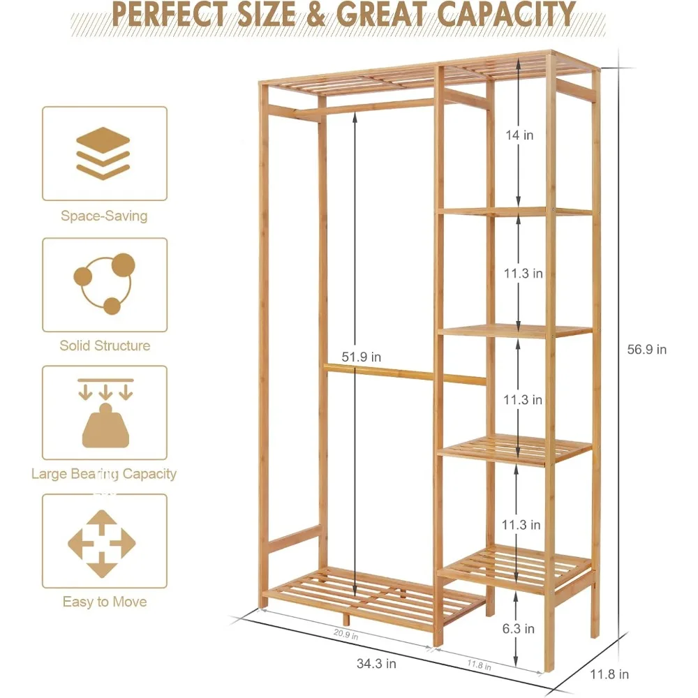 Perchero de bambú de 6 niveles: organizador de estante de almacenamiento multifuncional para guardarropas, habitaciones de invitados, niños y dormitorios de bebés