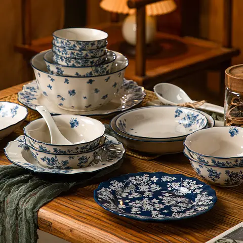 High-end Ceramic Dinnerware Set Chinese Style Rice Bowls Plates Dishes Glaze Color Soup Bowls
