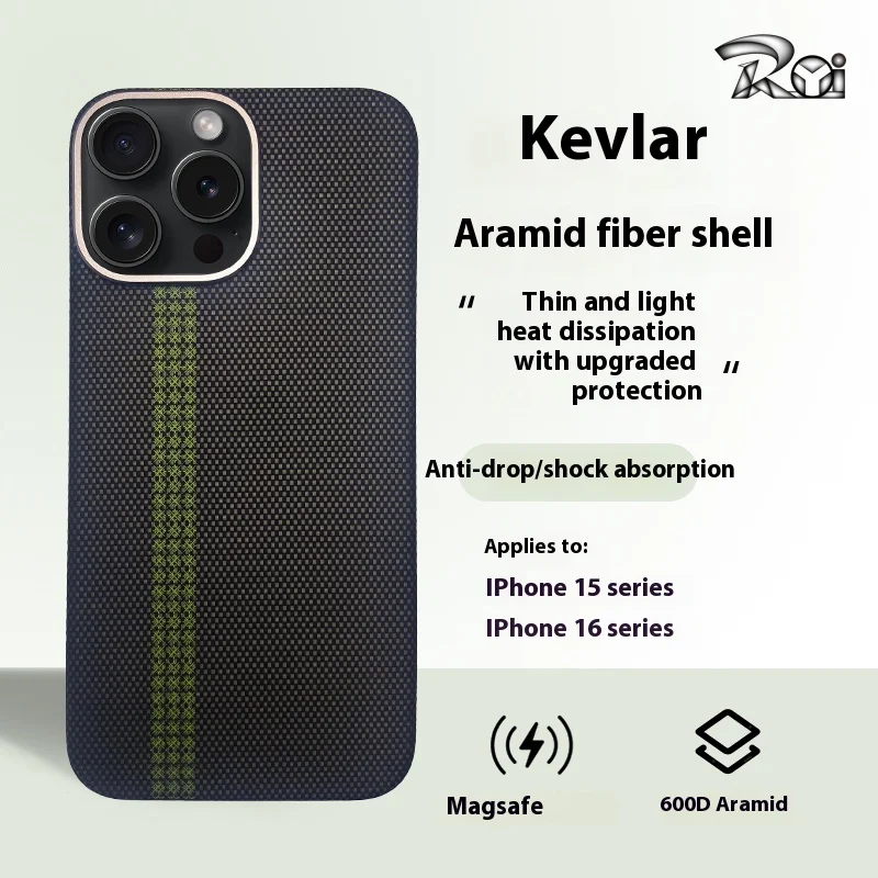 

Kevlar 100% carbon fiber magnetic phone case Apple 15 16 Promax black gold green stripe anti fingerprint phone protective case