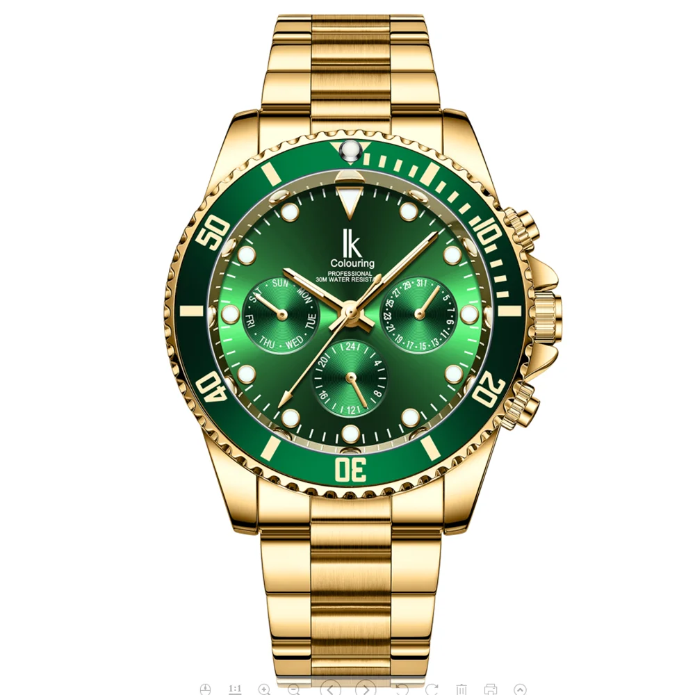 IK Coloring Men\'s Green Dial Mechanical Watches Top Brand Luxury Golden Stainless Steel Multifunction 6 Hand Date Wristwatches