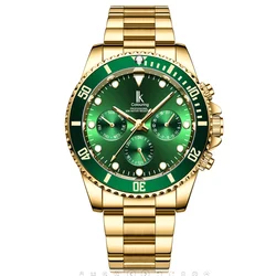 IK Coloring Men's Green Dial Mechanical Watches Top Brand Luxury Golden Stainless Steel Multifunction 6 Hand Date Wristwatches