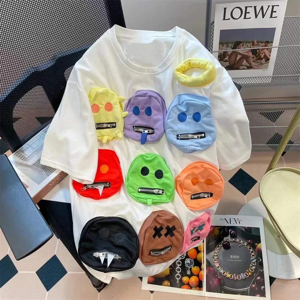 Summer Women T-Shirt Cool Cartoon Face Appliques Colorful Tees Female O Neck Loose Casual High Street Girls Oversize Tees NZ274