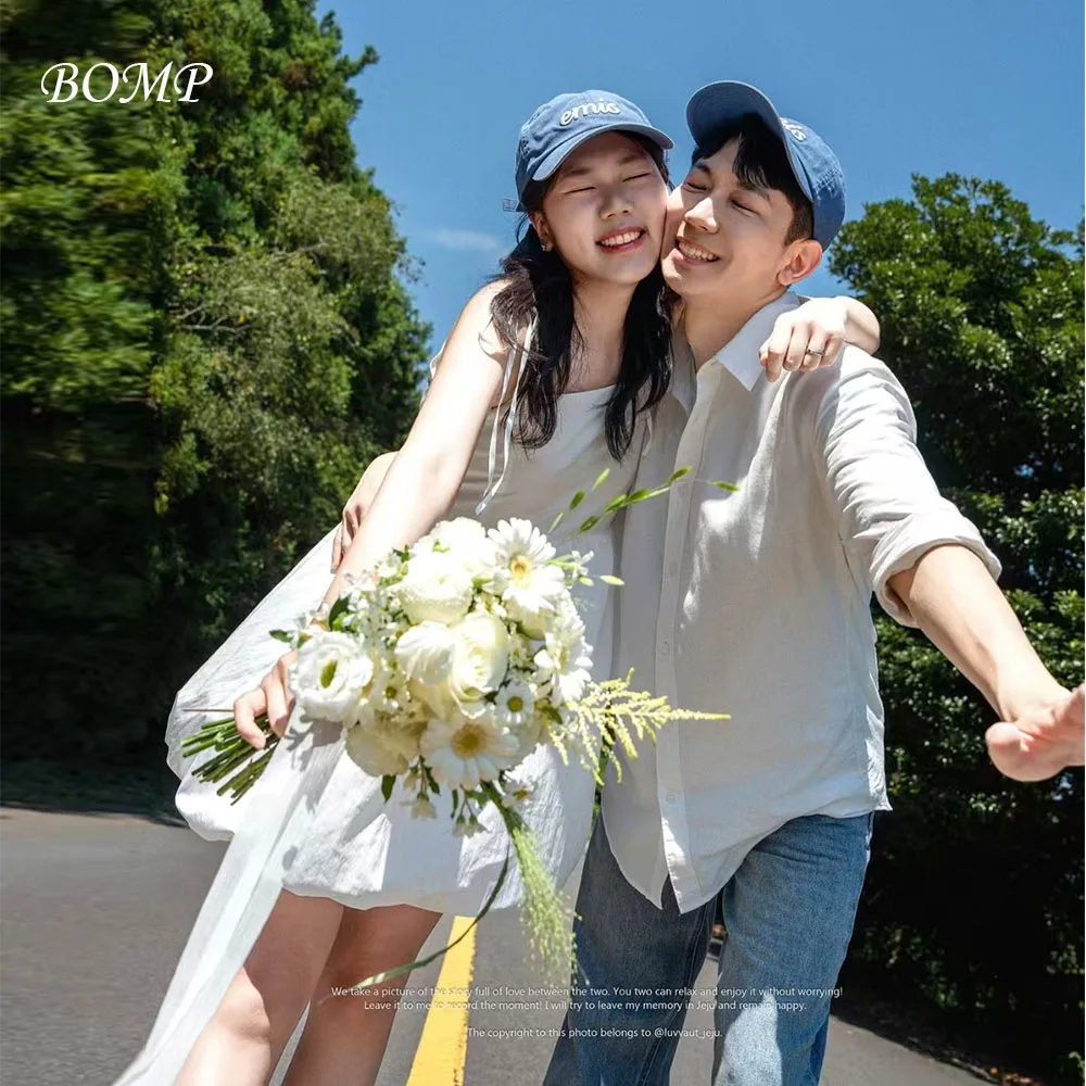 

BOMP Simple White Wedding Party Mini Dress Spaghetti Straps A-line Satin Korea Photo Shoot Birthday Short Gown Custom 웨딩드레스
