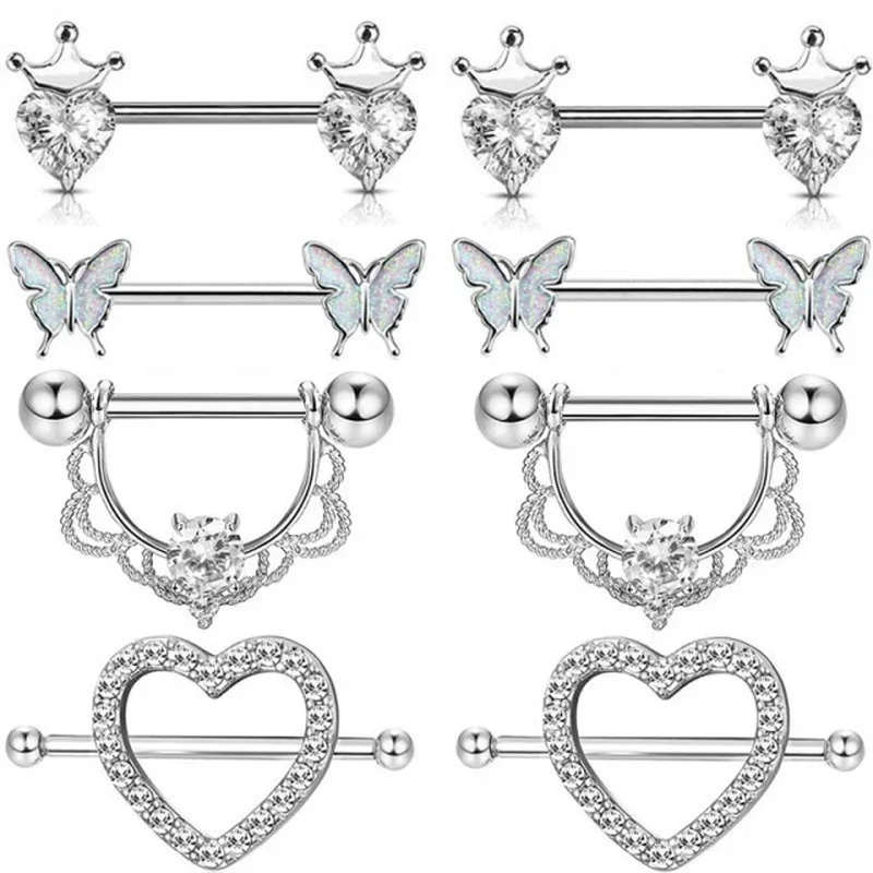 

1Pair Heart Crown Crystal Nipple Piercing Ring Stainless Steel Bar Nipple Piercing Rose Gold Nipple Woman Jewelry Pircing Ring