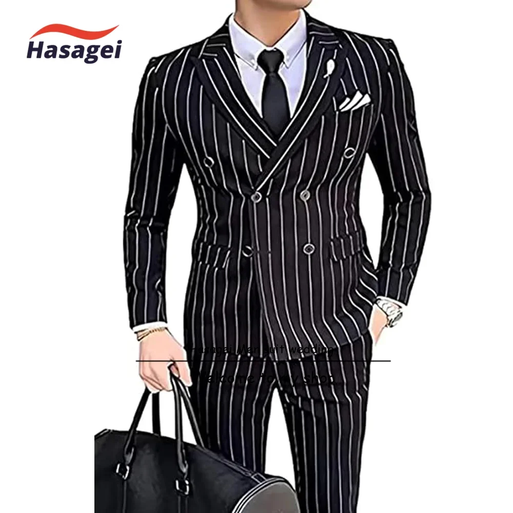 Men\'s 2 Piece Slim Fit Pinstripe Suit Set Formal Business Blazer Jacket Pants Wedding Dress Tuxedo