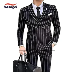 Men's 2 Piece Slim Fit Pinstripe Suit Set Formal Business Blazer Jacket Pants Wedding Dress Tuxedo