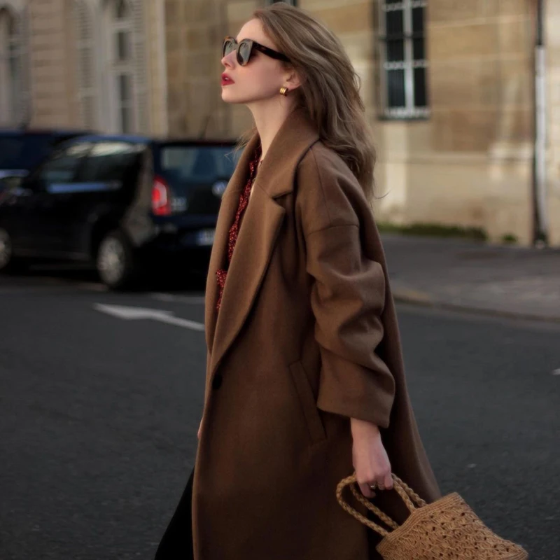 

Women's Woolen Coat 2024 New Style Mid-Length Waist-Cinching Autumn Winter Fashionable High-End Look Straight Cut Vintage
