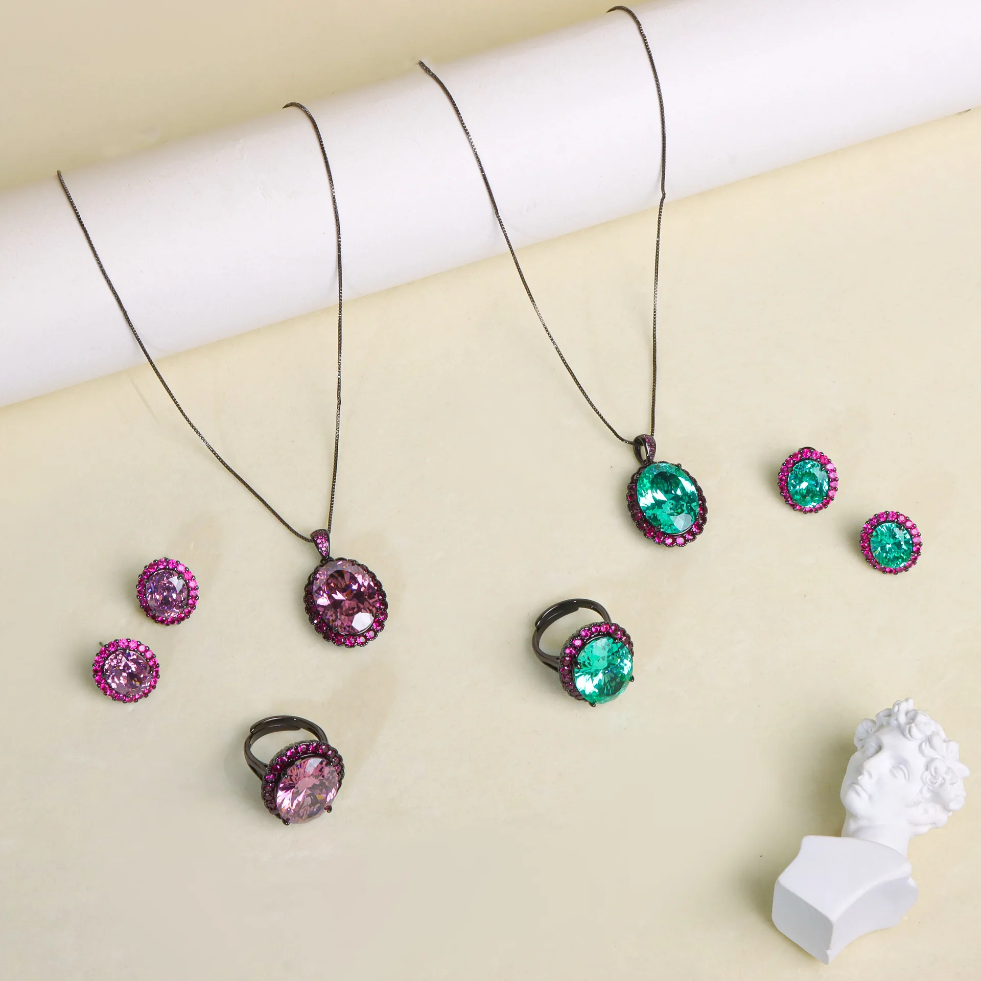 

New Copper-Plated Gold Jewelry Set Geometric Colorful Zircon Earrings Ring Necklace Light Luxury Style Women's Fashion Set