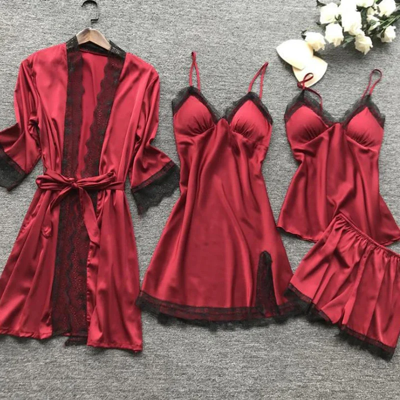 4 Pieces/Set Women's Sexy Lace Pajamas Fashion V-Neck Gown Comfort Pajamas Pajamas Pajamas with Chest Pads Nightdress