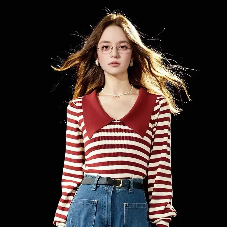 เสื้อสเวตเตอร์ถักคอปกตุ๊กตาสำหรับผู้หญิง แฟชั่นแขนยาวลายทาง เสื้อไหมพรมถักแบบสวมหัวสำหรับผู้หญิง รุ่น Q2268