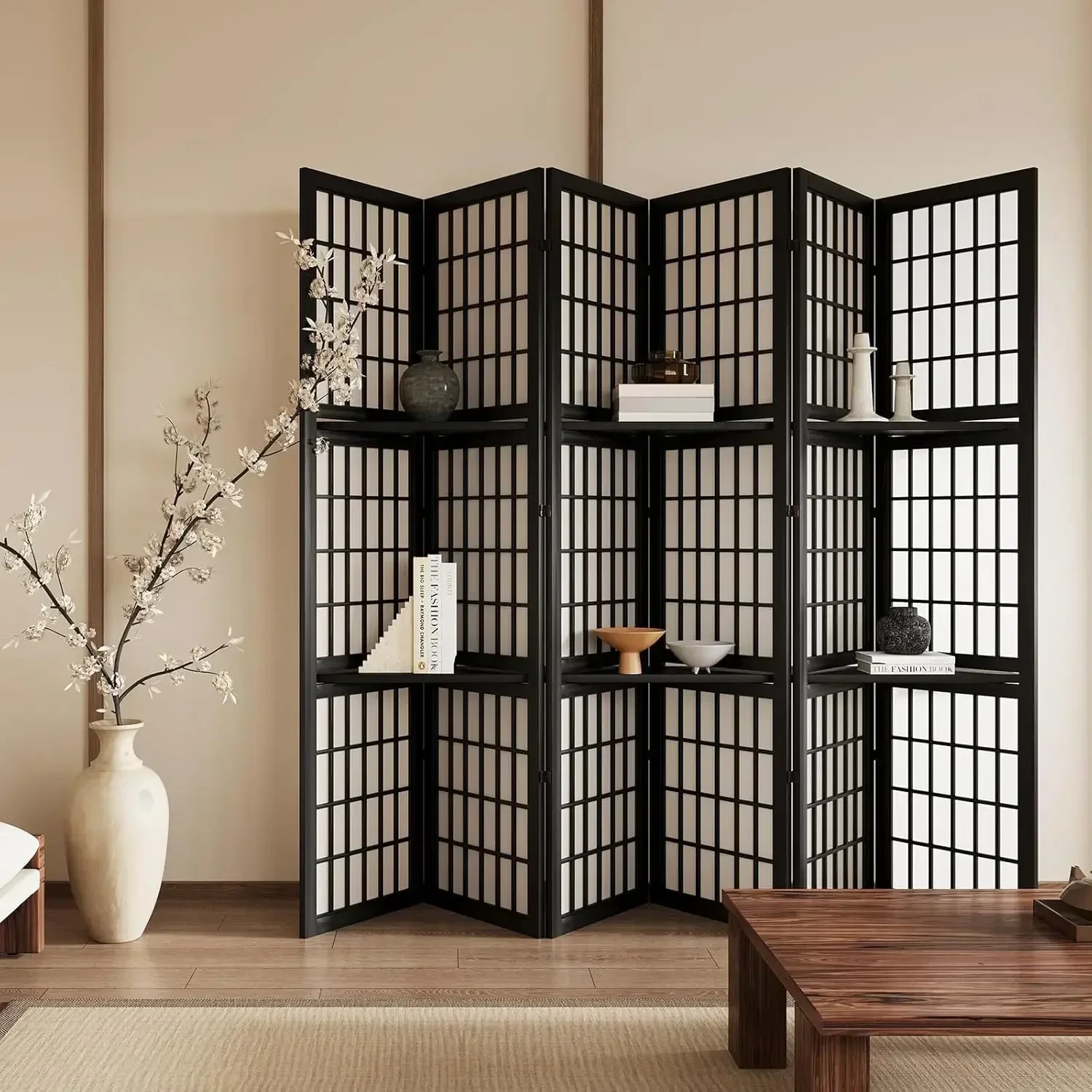 6 Panel 5.6ft Folding Portable Room Divider Japanese Chinese Shoji Style Screen With Three Display Shelves For Room Separation B
