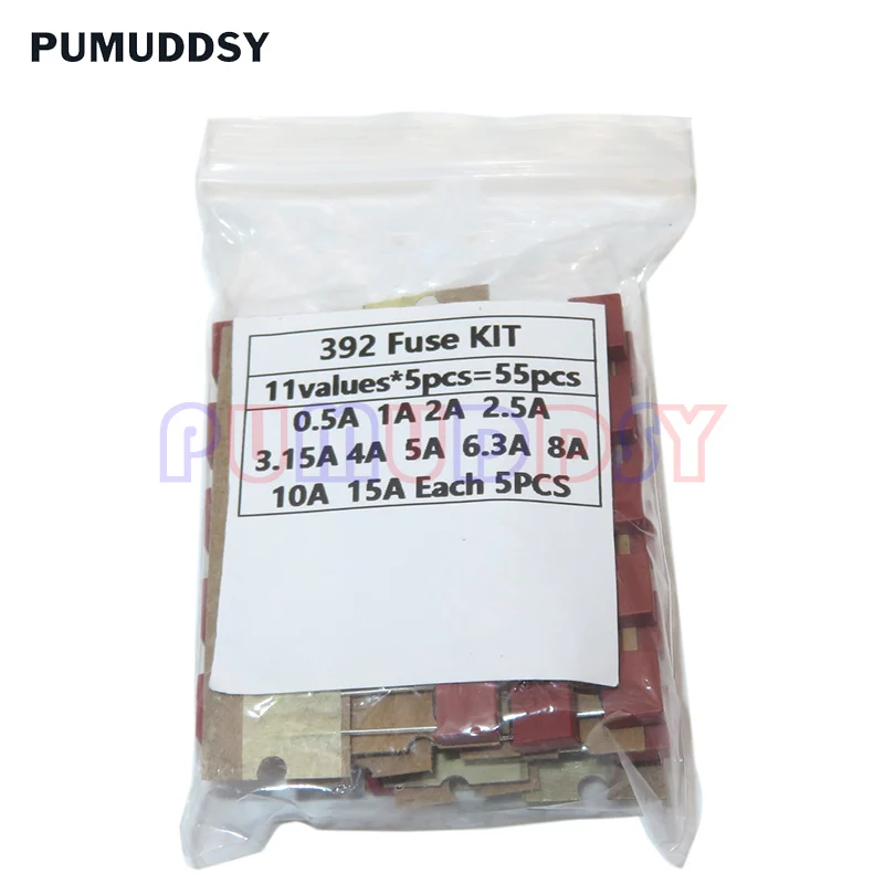 55PCS/Set Square Plastic Fuse Assortment Kit 392 0.5A 1A 2A 2.5A 3.15A 4A 5A 6.3A 8A 10A 15A 250V Fuses Slow Blow Tube Fuse Set