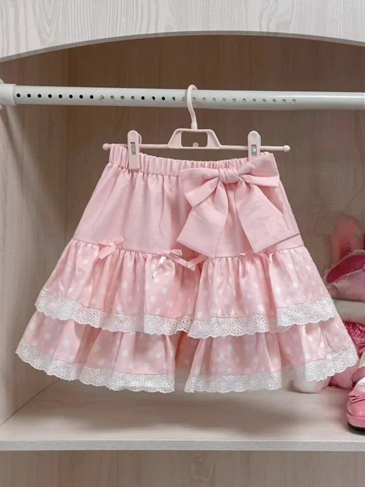 

Pink White Sweet Lolita Cake Skirt Women Lace A-line Japanese Kawaii Mini Skirt Female Korea Elegant Princess Elastic Skirt 2024