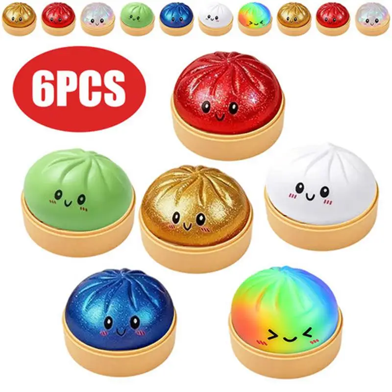 Colorful Rainbow Mystery Kawaii Steamed Bun Squishies Toy with Steamer Slow Rebound Stress Relief Squeeze Toy Baozi