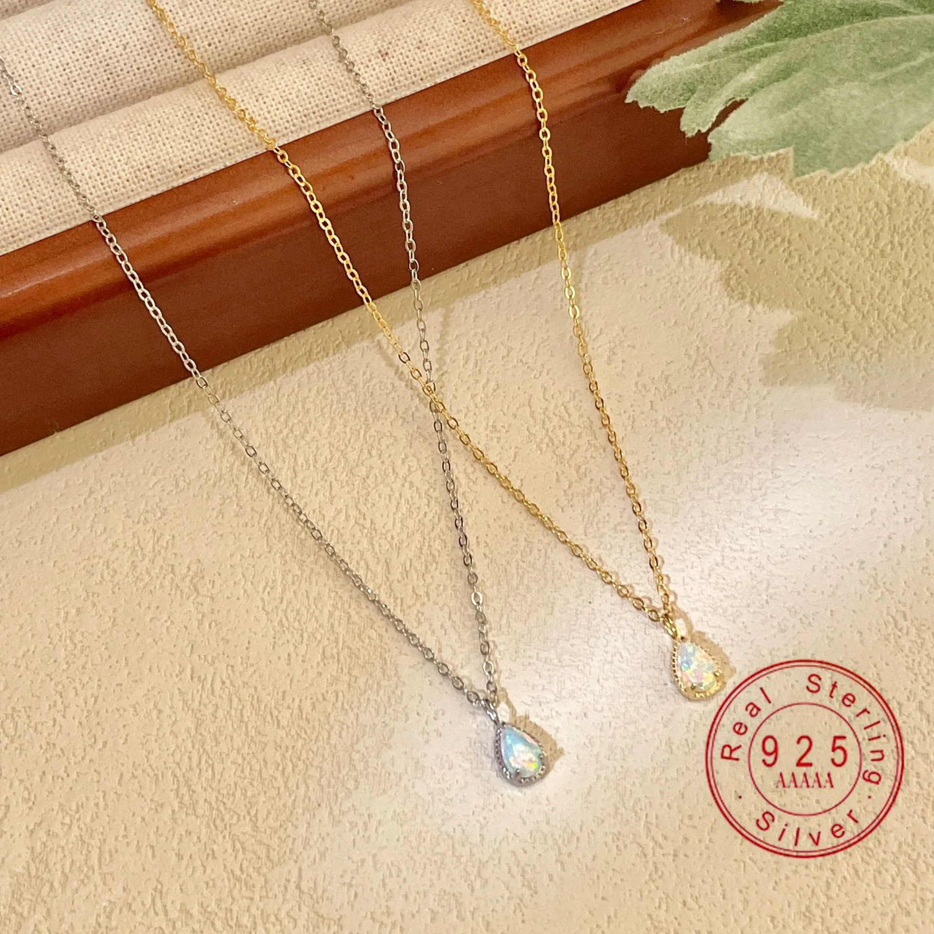 

925 Sterling Silver 18K Gold Plated Imitate Opal Pendant Necklace for Women, Hypoallergenic Dainty Opal Necklace