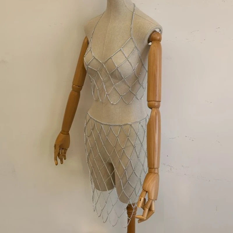 Gold-Silber 2-teiliges Körperketten-Set für Damen, Neckholder-Top & Rock, mehrlagiges Mesh-Ketten-Outfit für Party, Festival, Clubwear, passende Sets – Detail 3