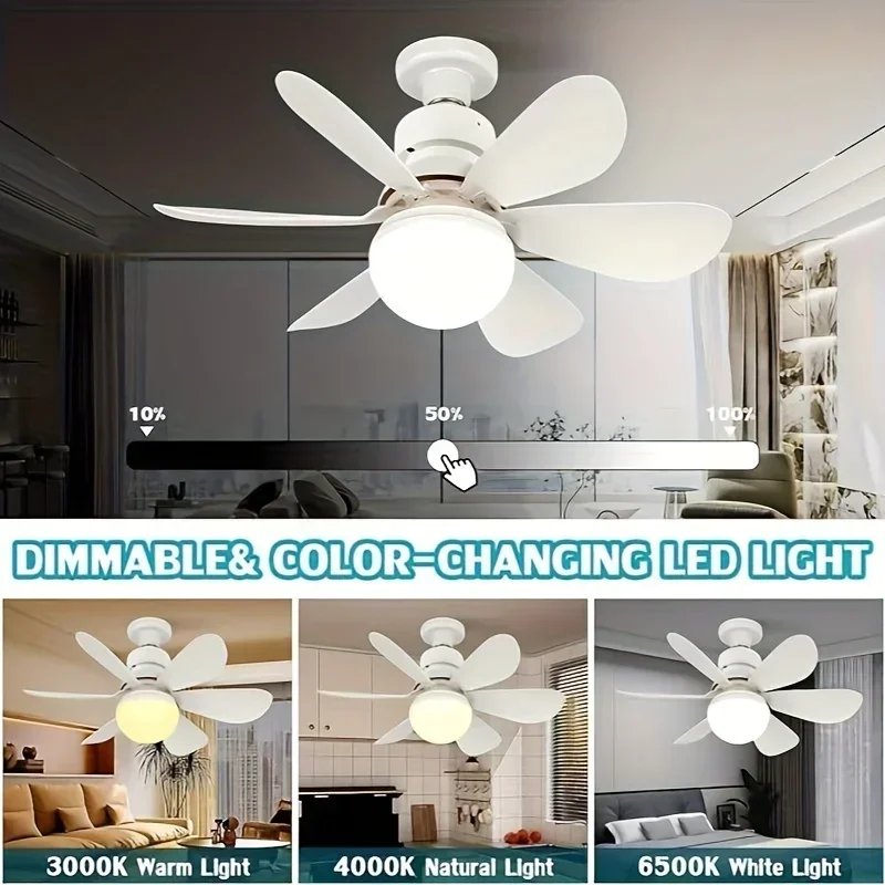 White/colorful Ceiling Fan Light with Remote Control 3000K-6500K Dimmable 6 Fan Blades 30W 16.5inch Socket Fan Light For Kitchen