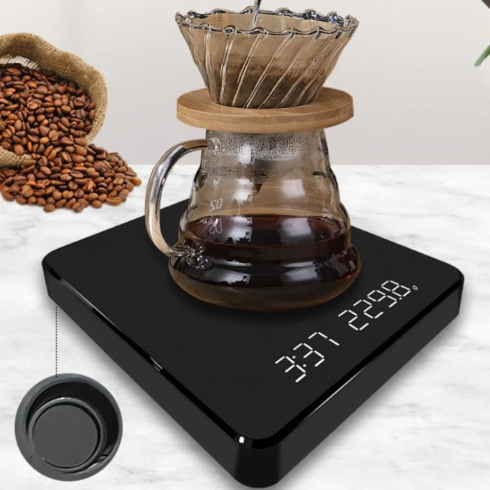 Digital Household Scale for Coffee Making LED Screen Timer Function 1g-3000g Capacity 0.1g Precision Rechargeable