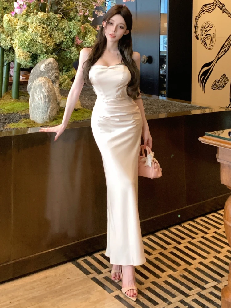 Robe longue de soirée en Satin pour femmes, Sexy, dos nu, épissé, fleur, mode élégante, taille haute, Slim Fit, sans manches, été