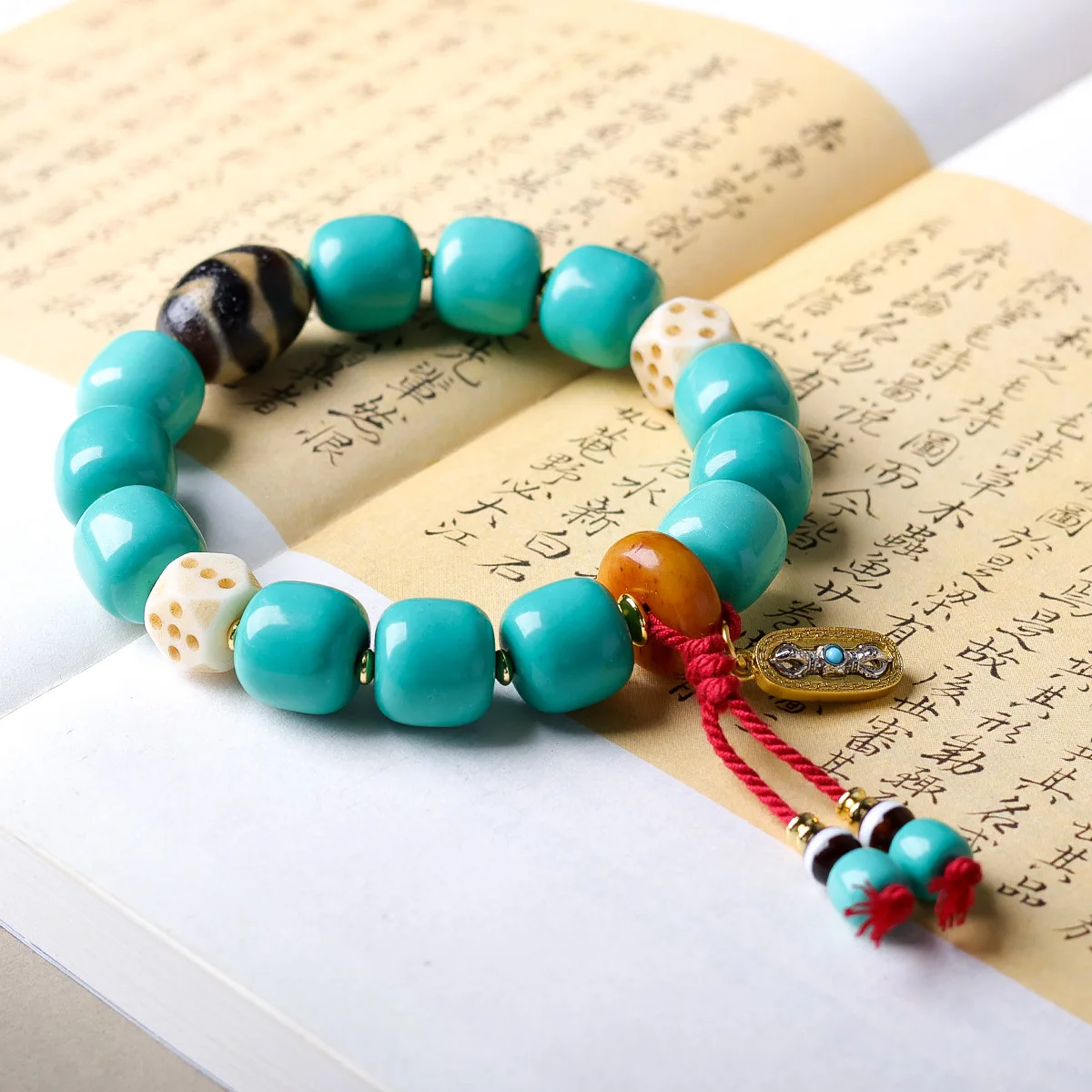 Magnesite loose stone barrel bead bracelet cultural artifact,double tiger tooth dZi bead bone dice,Vajra staff pendant, bracelet