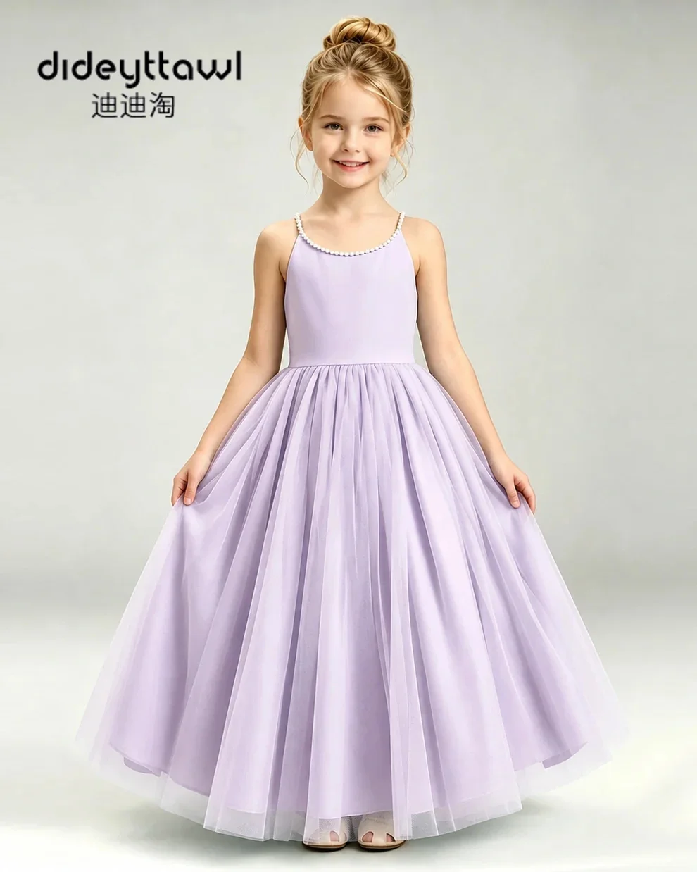 Dideyttawl Pearl Strap Tulle Flower Girl Dress Multi Colors Kids Pageant Formal Gown Bow Back Hollow Out Dress For Bridesmaid