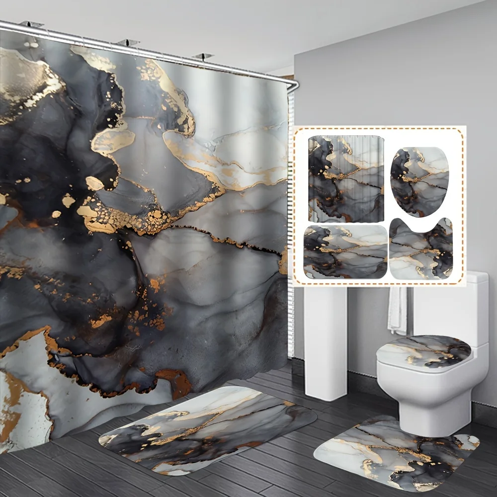 

Набор занавесок для душа с мраморной полосой и абстрактным каменным узором из 4 предметов с крючками, нескользящим ковриком, ковром для ванной, чехлом на сиденье унитаза