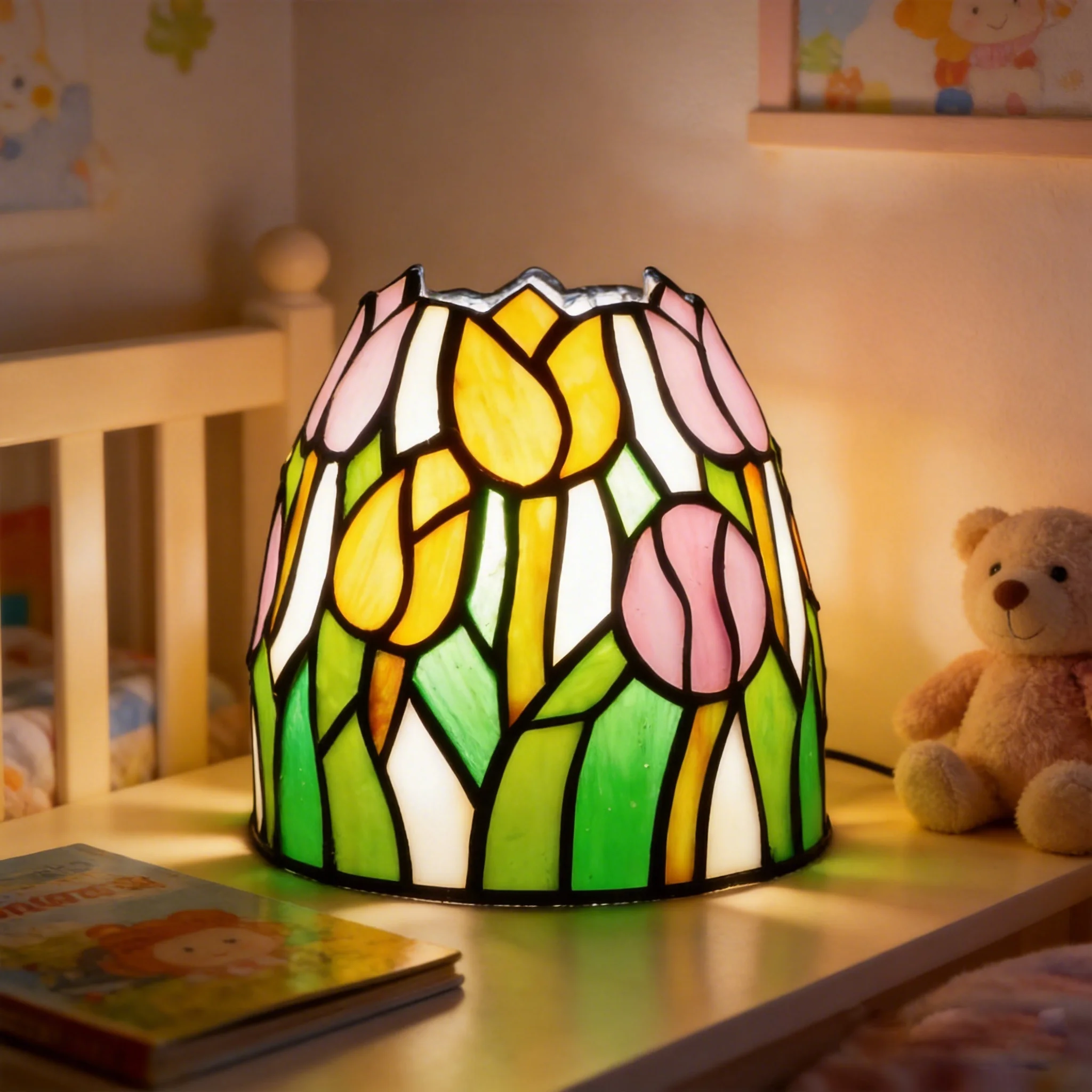 Birthday Gifts for Women/Mom Table Lamp, Tulip Flower Bedside Lamps Handmade stained glass Small Night Light for Bedroom