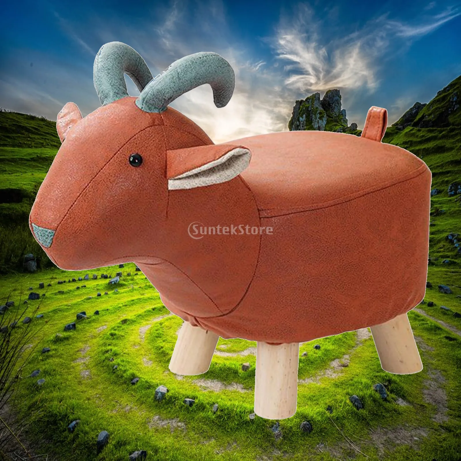 Wooden Animal Footrest Stool Children Cartoon Padded Seat Small Chair Ottoman Bench for Bedroom Playroom Learning