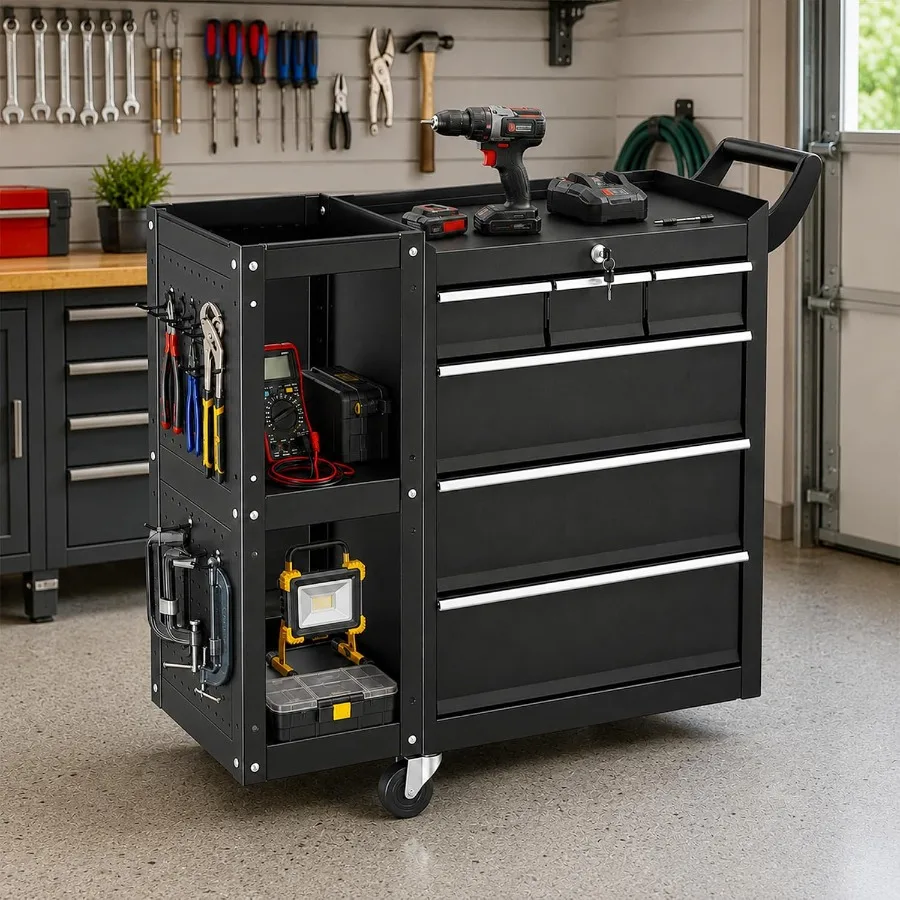 6-Drawer Rolling Tool Chest, 2-in-1 Tool Box on Wheels with Lockable Steel Garage, Tool Cart Storage with Additional Cabinet fo