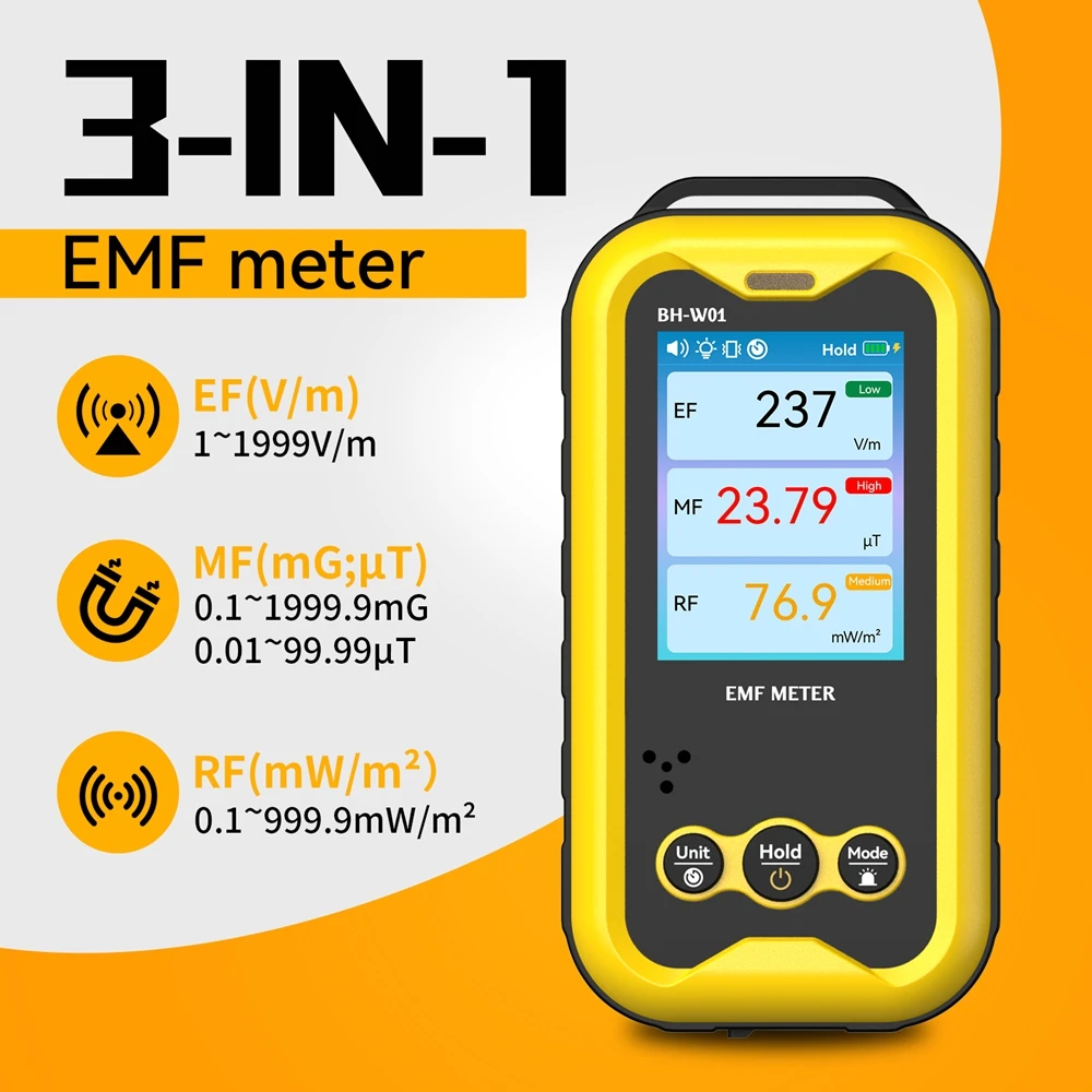 

3in1 EMF Meter Electric Field Magnetic Field RF Radiation Detector Real Time Curve Chart Electromagnetic Radiation Tester Alarm