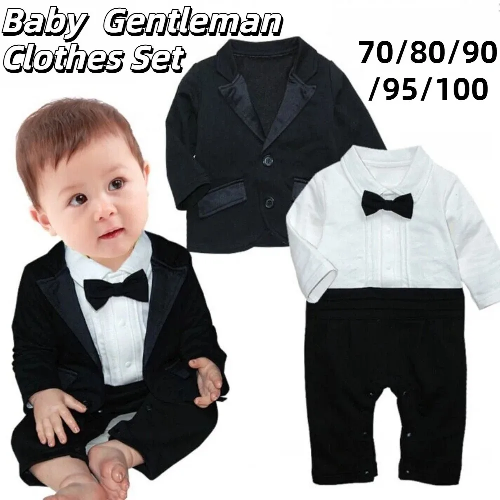 2Pcs/Set Black Tuxedo Gentleman Boss Baby Clothes Two-Piece Outfit Bow Tie Toddler Romper Bodysuit Romper Bodysuit Striped Vest