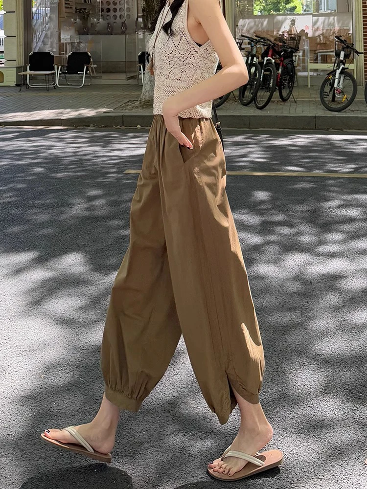 

Coffee Ice Silk Harem Pants Women's Summer Thin Sun Protection Loose Casual Qui Dry Sports Nine Lantern Pants