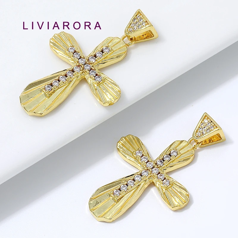 1/2/3Pcs 18K Gold Plated Brass Cross Pendant For Jewelry Making,Ribbed Texture Religious Cross Dangle Charms For DIY Materials