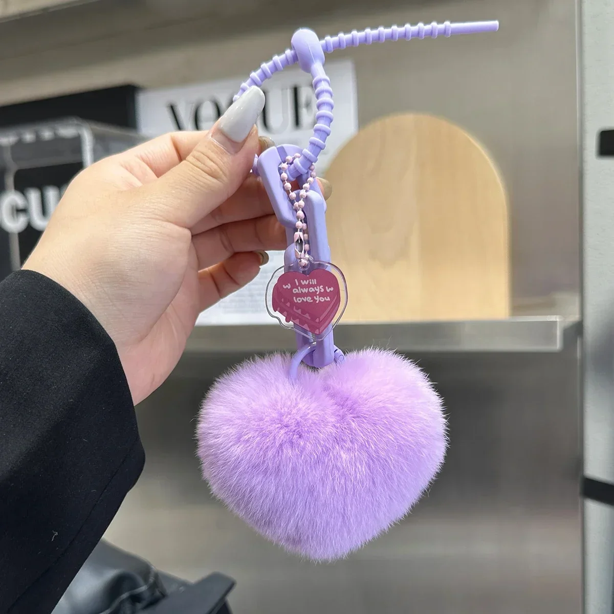 Cute Heart Bag Charm Natural Rex Rabbit Fur Keychain for Women Real Fur Pom Pom Key Ring on Bag Car Key Pendant