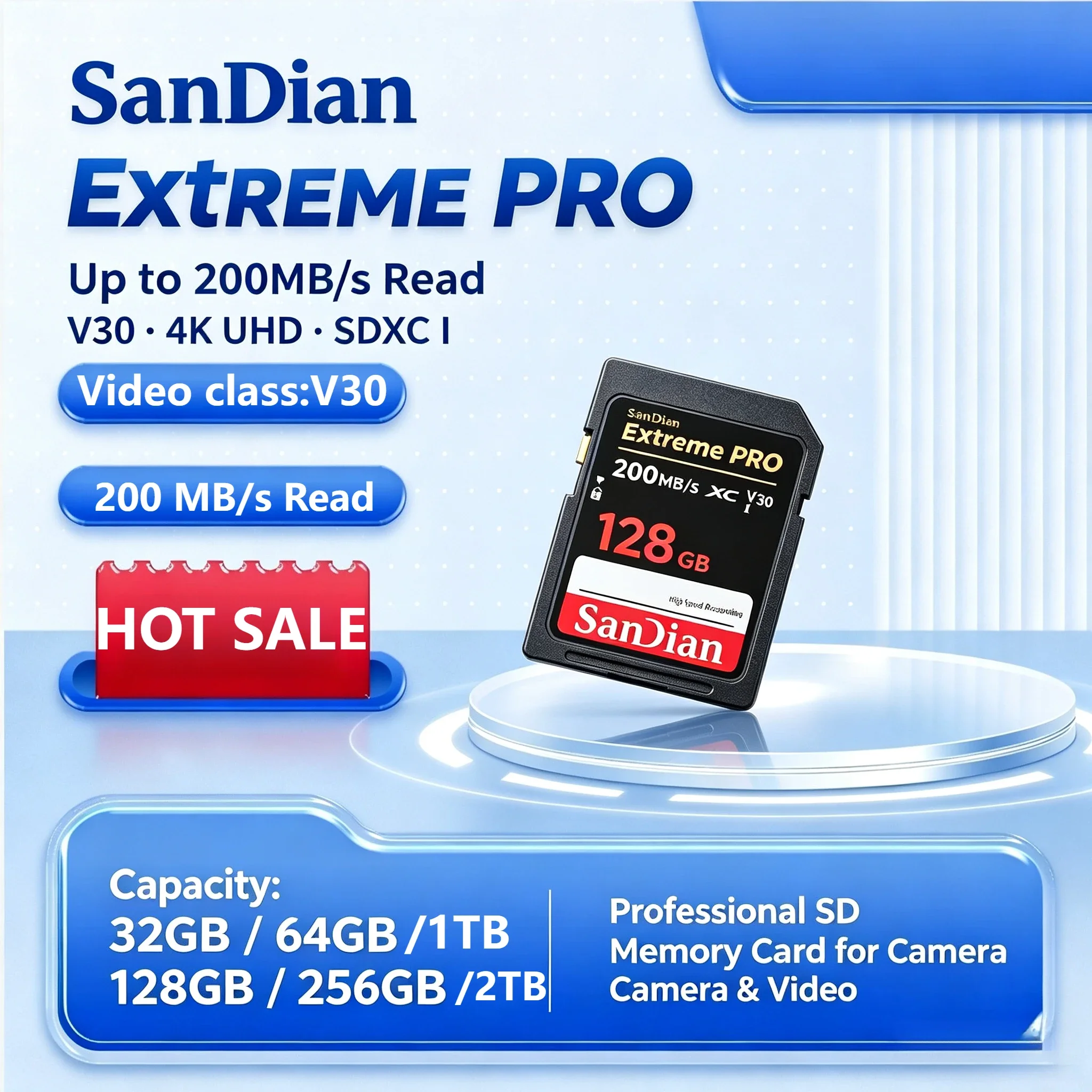 2026 Extreme PRO 128GB/256GB/512GB Memory SDXC Card, Class 10 U3 V30, 200MB/s Read Speed, 4K Ultra HD Flash for Camera.