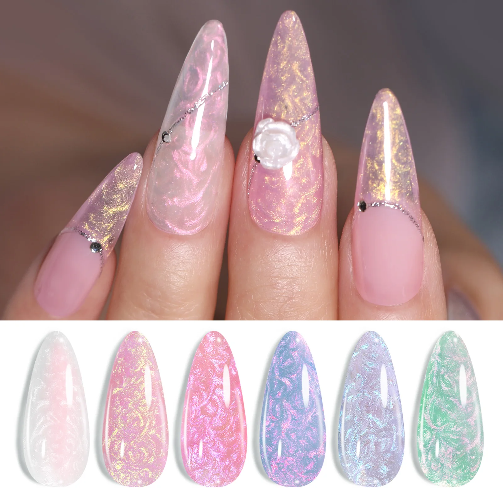 

BORN PRETTY 7ml 6PCS Pearl Milky Planet Gel Nail Polish Set Glitter Pink White Swirl Thread Effect Soak Off UV HEMA/TPO FREE Gel