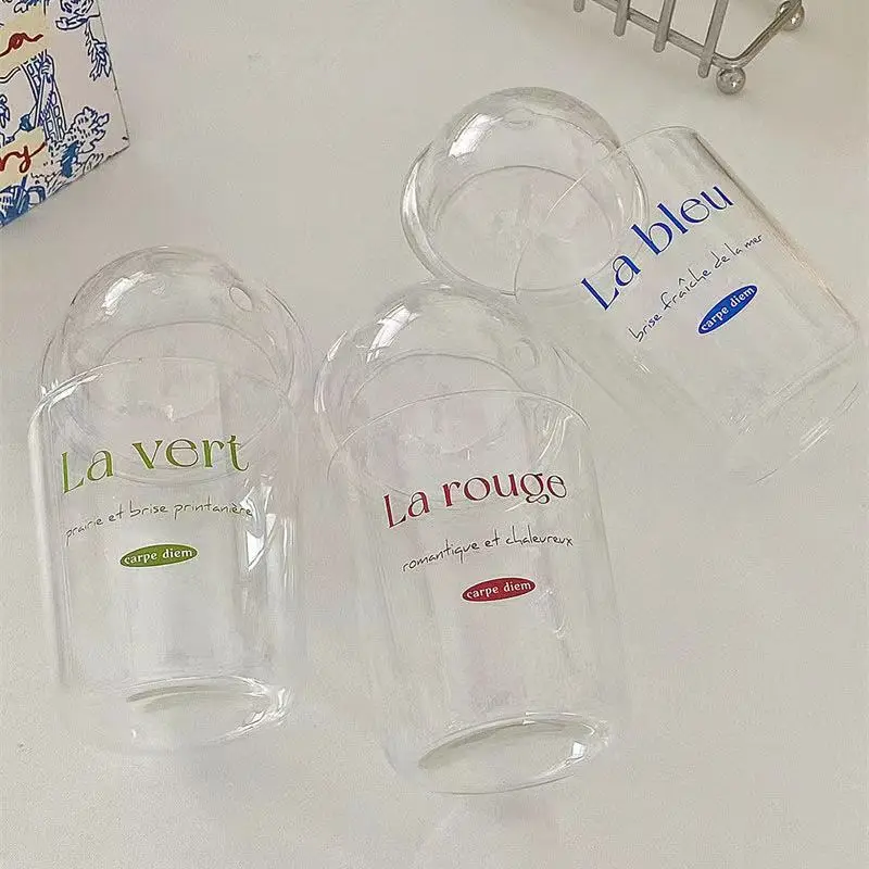 Blue French Cups with Glass Straw Large Capacity Clear Coffee Milk Water Tumbler with Glass Cover Heat-resistant Glass Bobo