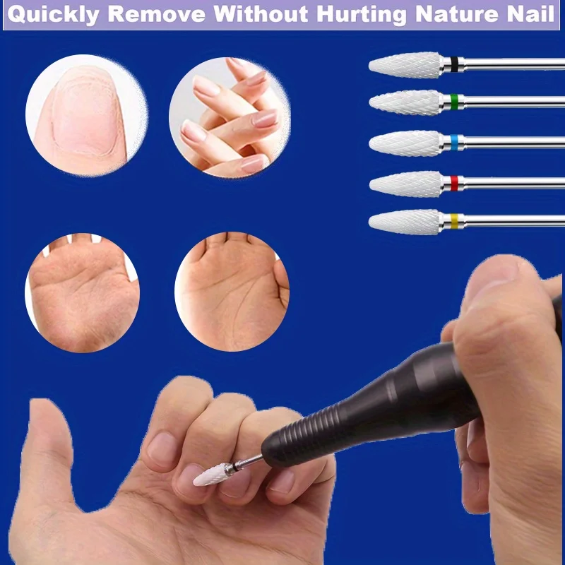 Kit-1/5 Uds. Brocas de cerámica para uñas con forma de paso de cabeza de maíz, herramientas de manicura y pedicura para taladro eléctrico, accesorios para máquina perforadora de uñas