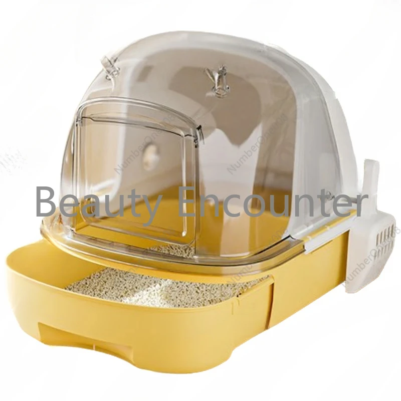 Litter Box Oversized Fully Enclosed Anti-Splash Cat Poop Basin Deodorant Drawer Transparent Lid Kittens Toilet