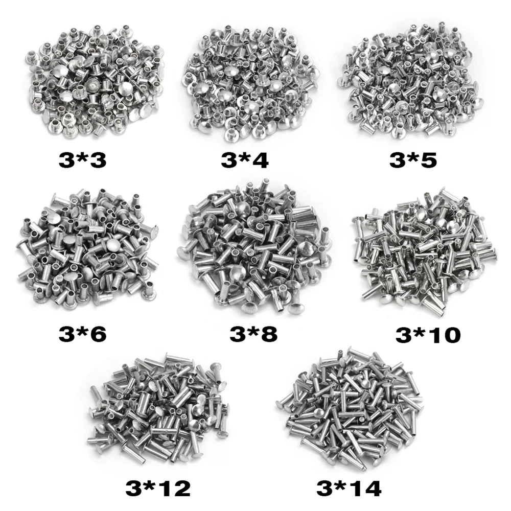 

Semi Tubular Rivets 1/8" diameter 800 Piece 3*3 3*4 3*5 3*6 3*8 3*10 3*12 3*14 Super Assortment Toy Parts Fasteners For Tonka