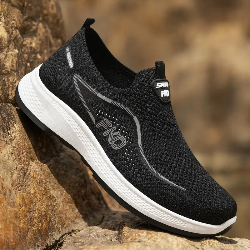 Men Slip‑on Flying Knit Sneakers Breathable Mesh Upper Lightweight Thick Sole Non‑slip Walking Casual Sports Shoes