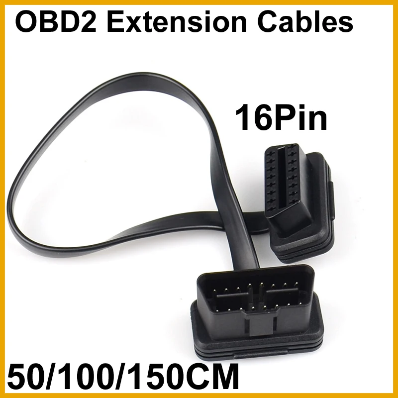 

New 50/100/150CM Flat+Thin As Noodle 16 Pin Socket OBD OBDII 16Pin Male To Female Car Scanner OBD2 Extension Cable Connector