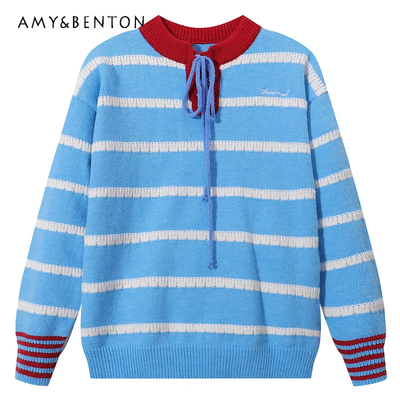 

Japanese Design Color-Block Striped Lace-up Women's Sweaters 2025 Winter New Loose Casual Round Neck Knitted Pullover Unisex