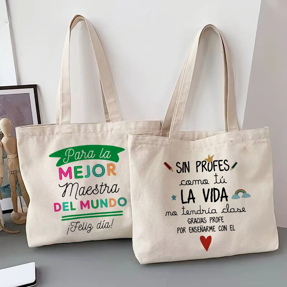 Melhor professor do mundo espanhol impresso bolsa de ombro feminina lona sacos de compras bolsas femininas reutilizáveis tote presente para professor