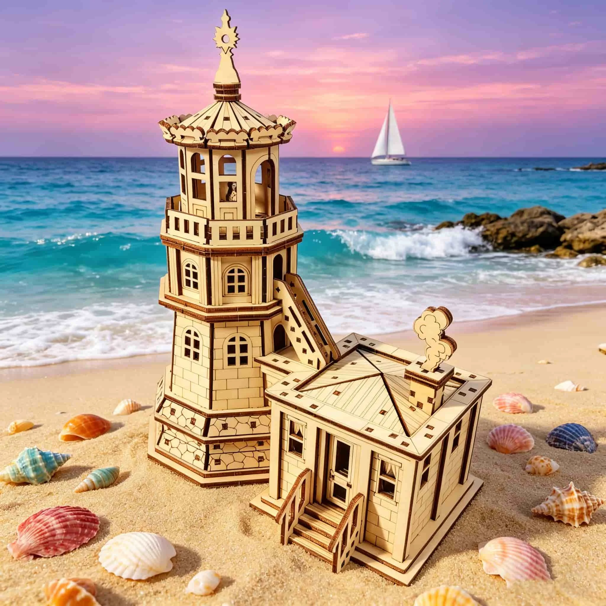 Wooden Lighthouse 3D Puzzle - DIY Assembly Coastal Tower & Seaside Cottage Model