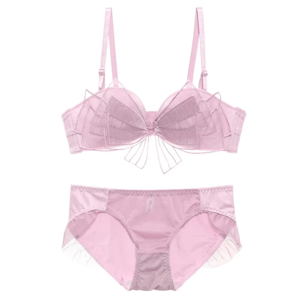 

Comfortable Wireless Mesh Bow Bra Low Waist Push Up Bra Panties Ruffle Intimates Sweet Lingerie Set Girl