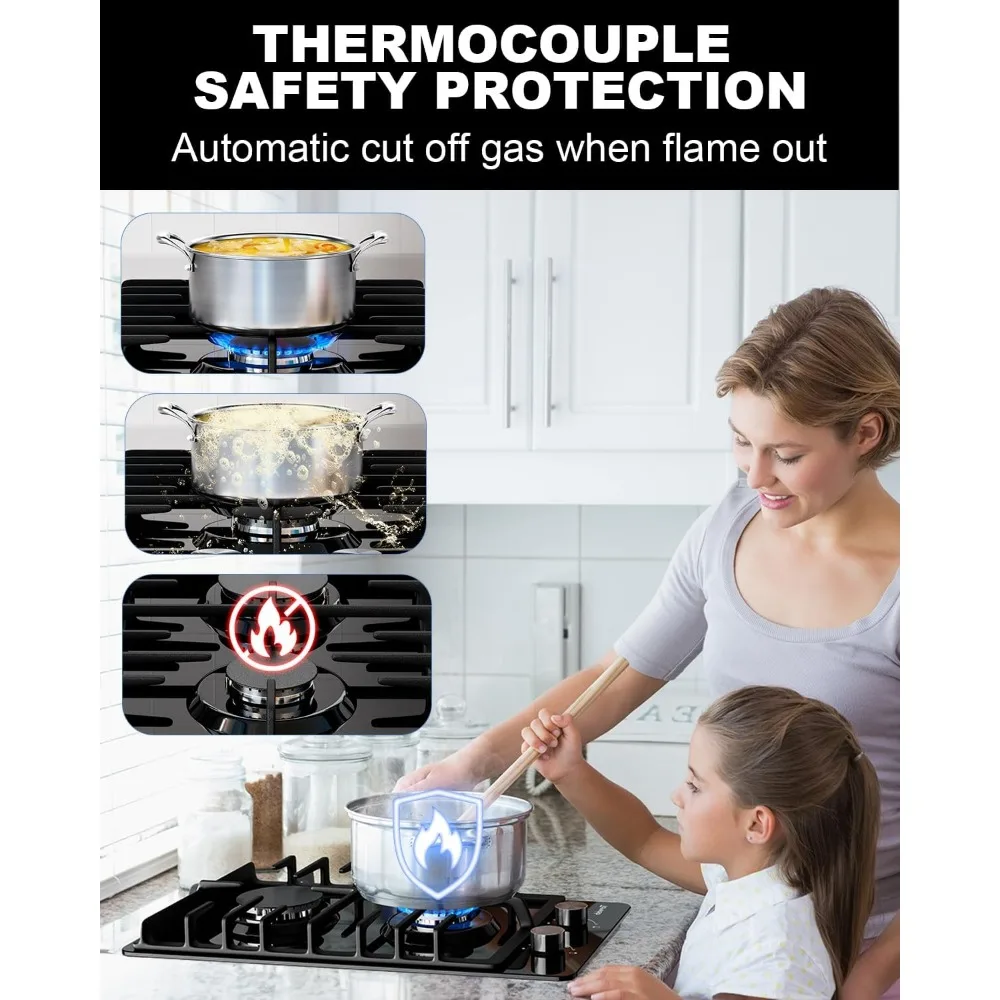 2バーナー プロパンガスコンロ ブラック強化ガラス、12インチ ビルトイン NG/LPG両用ガスコンロ、18,000BTU ガスホブ（フラットタイプ）