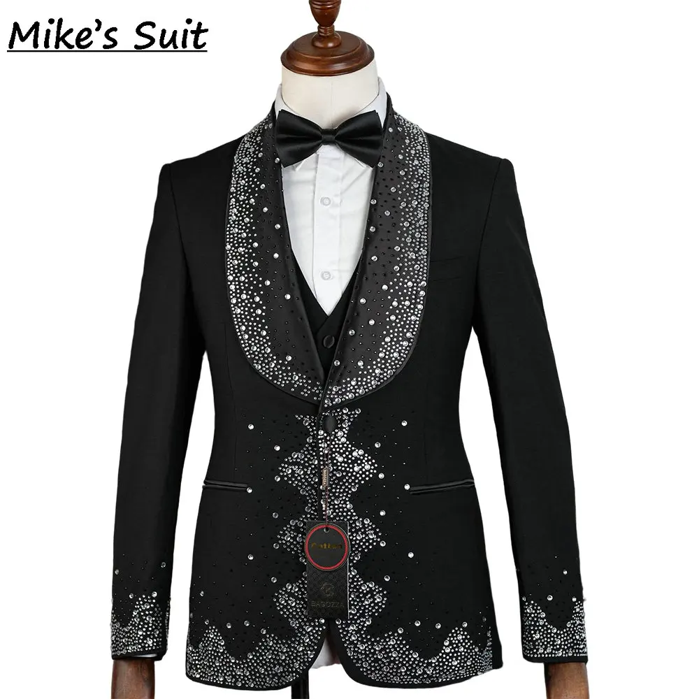 Traje De boda negro, ropa para novio, trajes De hombre con gemas y diamantes plateados, esmoquin Formal, conjunto De dos piezas, Blazer y pantalones, Traje De Novio