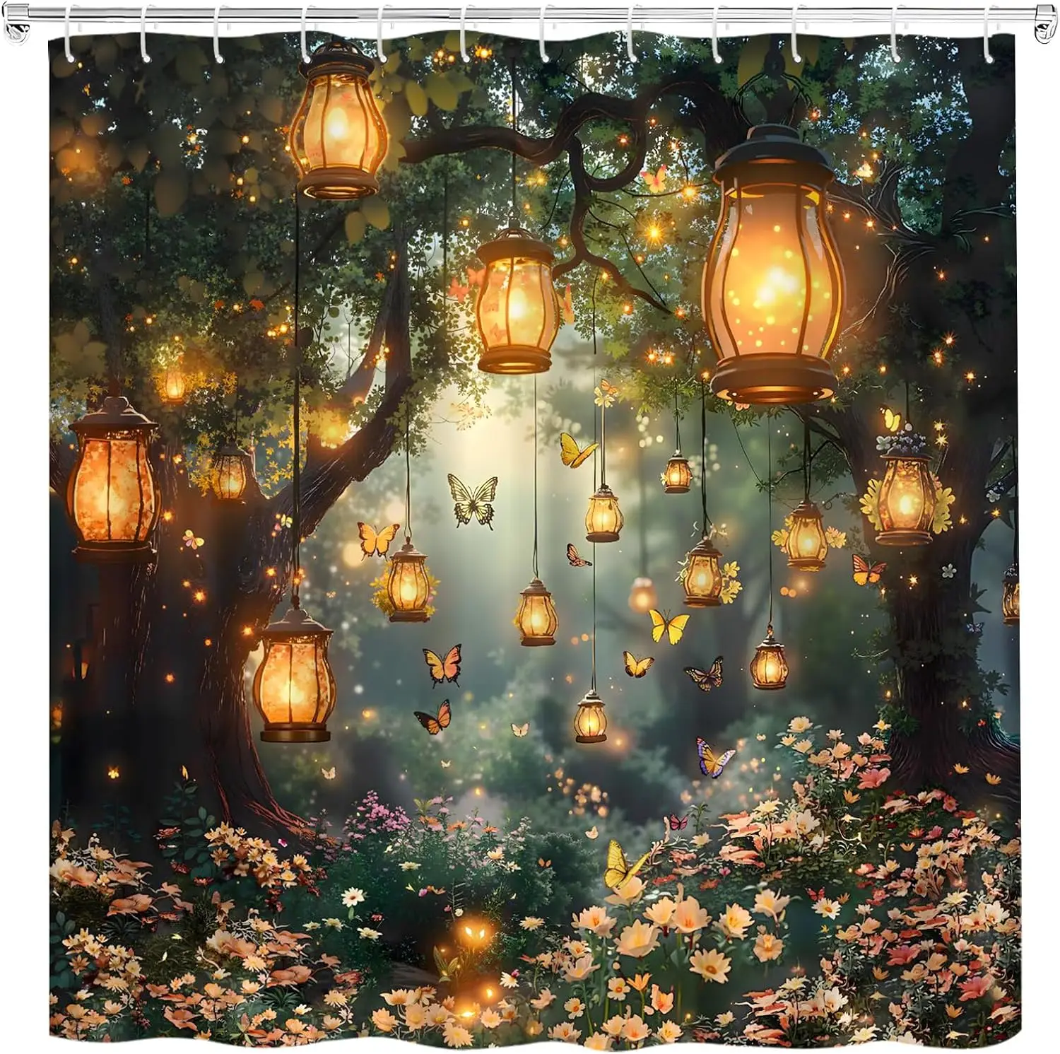 Gothic Enchanted Forest Shower Curtain Fantasy Green Jungle Lantern Magic Fairy Rainforest Wonderland Rustic Garden Mysterious