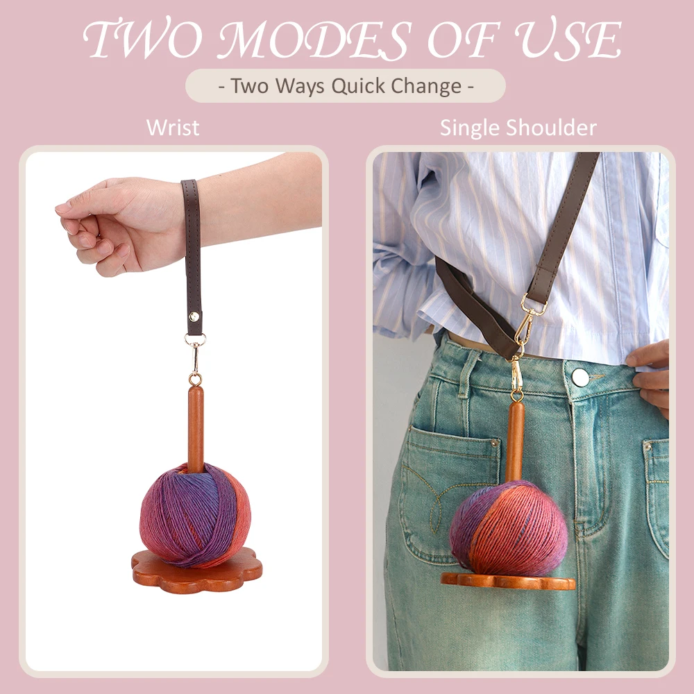 Portable Wooden Yarn Holder with Faux Leather Wristband and Shoulder Girdle - Ideal for Knitting & Crocheting,Craft Lover's Gift